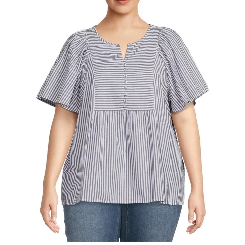 Terra and Sky Woven Peplum Flutter Sleeve Split Neck Gray Stripe Top Women Sz 14